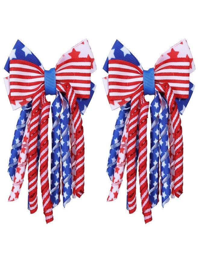 melyde Independence Day Hair Bow Clips 3 Inch Handmade Curly Ribbon Hairpins Boutique Patriotic Hair Accessories for Kids Girls, Red&White&Blue - Image 1